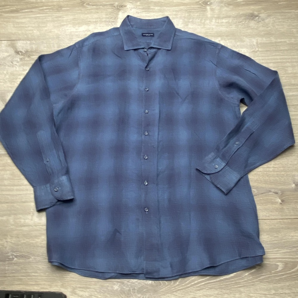 Proper Cloth Shirt Mens Large Blue Check Long Sleeve 100% Linen Button Up Casual